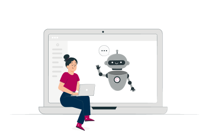 Illustration: großer aufgeklappter Laptop, auf dem Bildschirm ein kleiner Roboter mit Sprechblase, auf der der Tastatur sitzt eine Person mit einem kleinen Laptop auf dem Schoß.