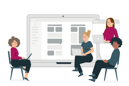 Illustration: 4 Personen sitzen an ihren Laptops, ein großer Laptopbildschirm im Hintergrund, der den Blick auf ein digitiales Whiteboard freigibt.