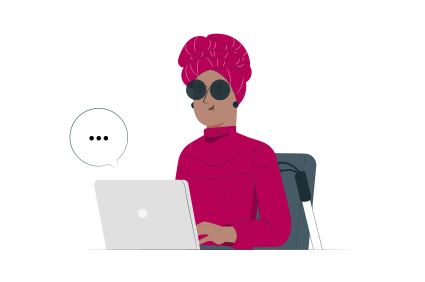 Illustration: blinde Person sitzt am Schreibtisch vor ihrem geöffneten Laptop, links über dem Laptop eine Sprechblase, rechts an ihren Stuhl lehnt ihr Langstock