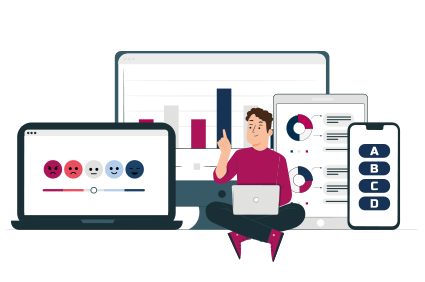 Illustration: Person im Schneidersitz mit Laptop auf dem Schoß. Hinter ihr 4 Bildschirme, die verschiedenen Umfrage-Optionen zeigen (v.l.n.r.): Laptop mit Stimmungsskala, Computerbildschirm mit Säulendiagramm, Tablet mit Kreisdiagrammen und Smartphone mit vier Antwortbuttons.