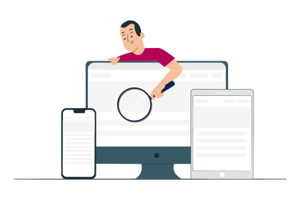 Illustration: Anordnung von 3 Devices (v.l.n.r.): Smartphone, Computer und Tablet. Eine Person beugt sich von hinten leicht über den Bildschirm und hält eine Lupe vor den Bildschirm.