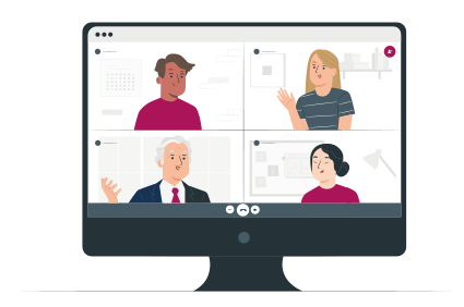 Illustration:Computerbildschirm eingeteilt in 4 Bildkacheln, in jeder Kachel befindet sich eine andere Person.