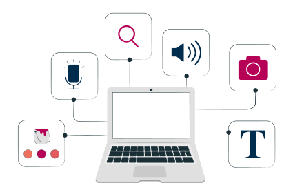 Illustration: geöffneter Laptop, neben dem Bildschirm Anordnung verschiedener Symbole (v.l.n.r.): Farbeimer, Mikrofon, Lupe, Lautsprecher, Kamera, Buchstabe "T".